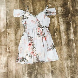 Light Blue Floral Print Off-the-Shoulder Dress